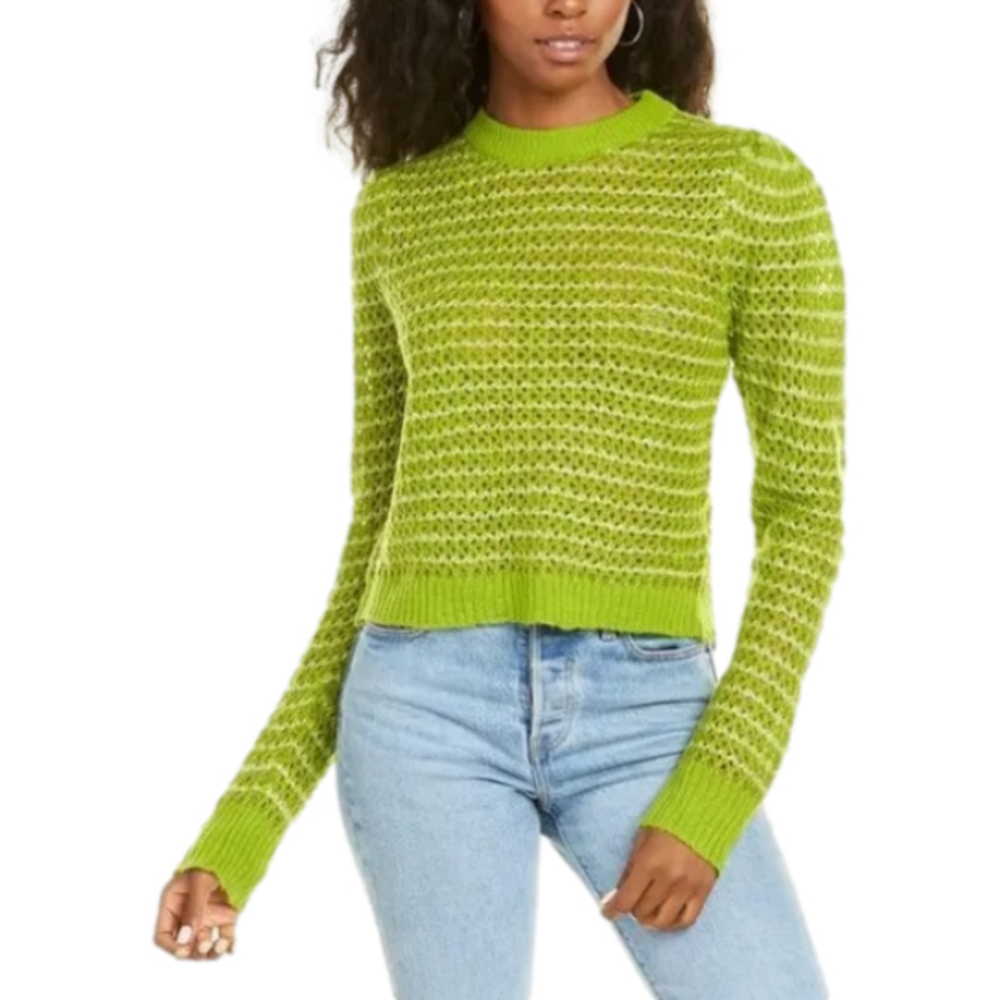 Nordstrom WAYF New Size S Open Knit Crewneck Long Sleeve Sweater Bright Green‎
